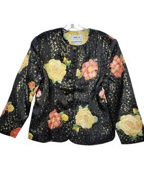 Yebeen Floral Satin Jacket With Gold Accents Silk /Polyester Black/ Gold Xlarge